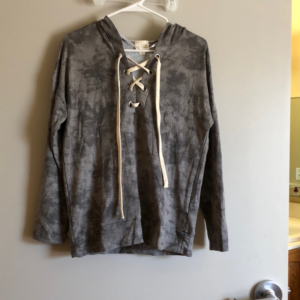 Grey wash lace up hoodie